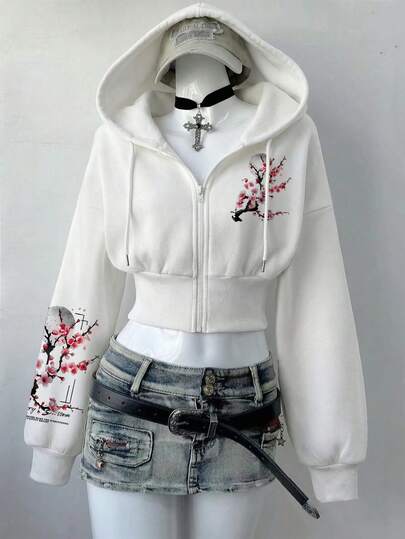 Lalippa Y2K Style Women's Floral Graphic Print Zip-Up Sweatshirt Sweatshirt, Fashion Street Casual Thin Jacket