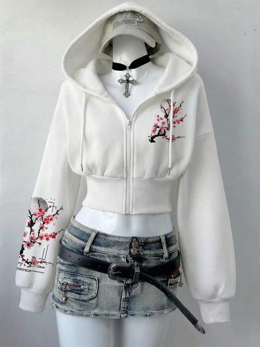 Lalippa Y2K风格女式花卉图案印花拉链卫衣，时尚街头休闲薄外套 - 白色 - 查看 1