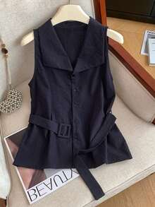 Resyla Women's Sleeveless Collared Waist Shirt, Fashionable Casual For Summer - Navy Blue - View 1