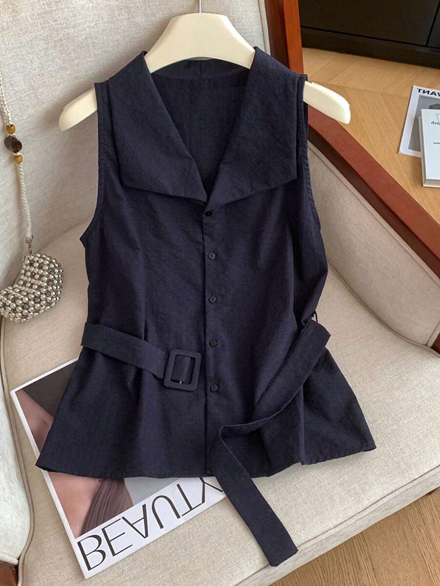 Resyla Women's Sleeveless Collared Waist Shirt, Fashionable Casual For Summer - Navy Blue - View 1