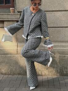 Elyressa 女士喇叭袖流苏边饰优雅前扣撞色两件套 - 灰色 - 查看 3