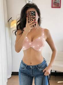 Trelyra 优雅性感露背亮片短款上衣，适合派对、约会、春夏穿着。浅粉色亮片短款上衣，蝴蝶结上衣，性感夏季上衣，水钻上衣，亮片上衣，腮红粉色上衣，吊带上衣，绑带亮片上衣，派对短款上衣，女士上衣 - 淺粉色 - 查看 5