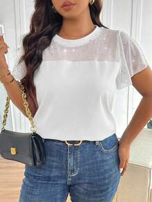 SHEIN Frenchy Plus Size Round Neck Raglan Short Sleeve Ruffle Mesh Splice Elegant T-Shirt - White - View 3