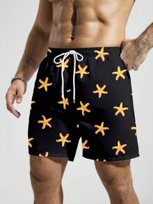 Manfinity Swimmode Quần short đi biển nam mùa hè in hình sao biển, cạp chun, có dây rút. - màu đen - Xem 3
