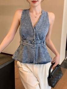 DAZY 女士V领韩版做旧牛仔休闲衬衫 - 藍色 - 查看 6