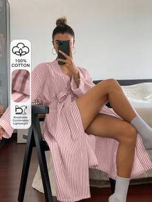 DAZY Pink Striped Loose Long Women Robe, Spring & Summer Sleepwear - Red - View 3