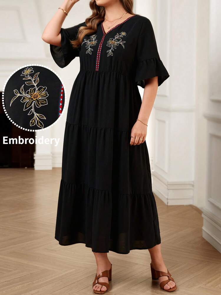 Plus Size Floral Embroidery V-Neck Waist Cinched Dress Embroidered Dress Plus Size Boho Dress For Women Summer Outfits Beach Outfit For Women Summer Holiday Outfits Casual Outfit For Women Formal Attire For Women Elegant Long Dress Summer Outfit For Women Beach Vacation Outfits Graduation Dress Women Wedding Guest Dress Plus Size Black Elegant Dress