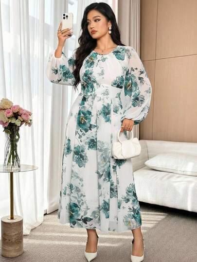 Modelyn Plus Size Elegant Floral Print Round Neck Cinched Waist Lantern Sleeve Dress, Autumn