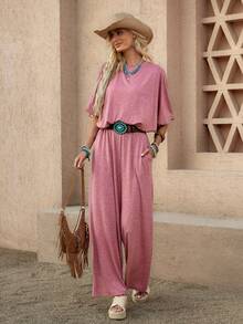 Wildy BOHO American Casual Western Country Retro Women Spring/Summer Basic Outfit Casual Wear Commute Pocket Short Sleeve T-Shirt And Pants 2 Pieces Set - Dusty Pink - View 1