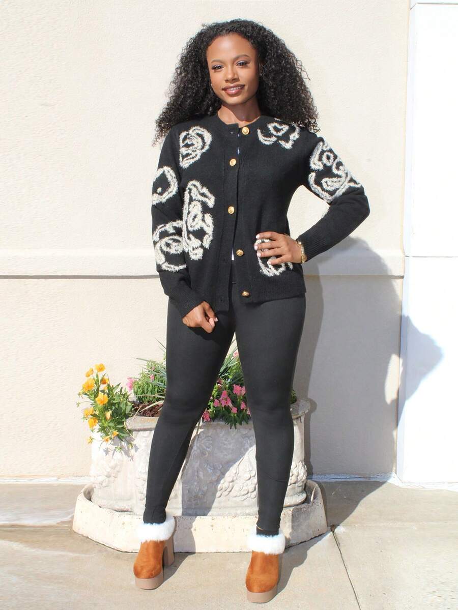 Steph T Women's Elegant Retro Jacquard Rose Knitted Cardigan - Black - View 1