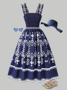 SHEIN ChillGRL 少女度假休闲复古印花吊带连衣裙，波西米亚风格几何图案无袖松紧腰夏季连衣裙 - 藏蓝色 - 查看 1