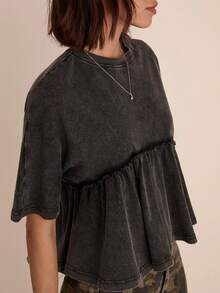 Easelle Camiseta de mujer de cuello redondo de punto casual de manga corta negra - Negro - Ver 5
