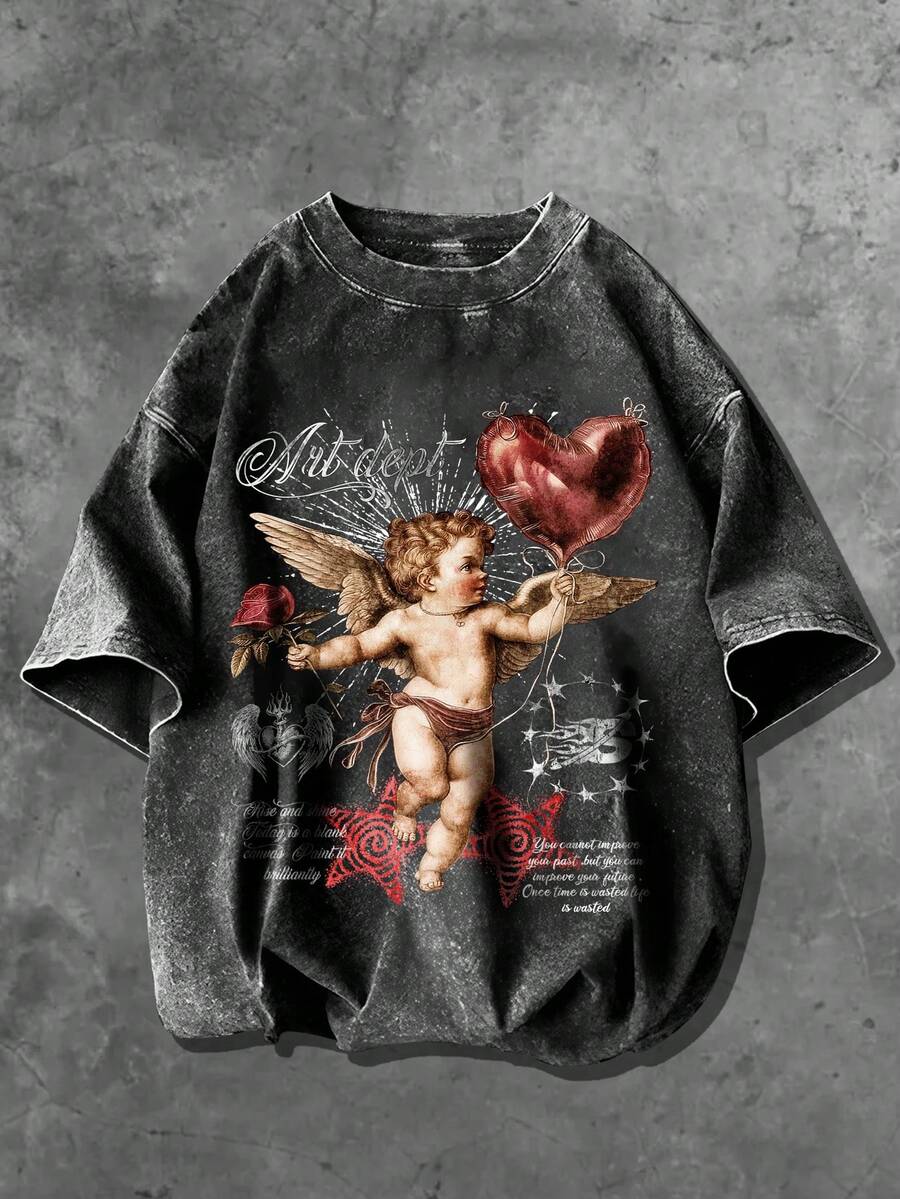 Manfinity EMRG Men's Dark Grey Acid Wash Cupid Angel Heart Balloon Print Oversized T-Shirt | Valentine's Day Vintage Rose Flower Graphic Tee | Y2K Goth Streetwear Romantic Love Art Short Sleeve Top | Summer Holiday Distressed Washed Loose Fit Crew Neck Shirt,Men's Round Neck Angel Letter Print Casual Versatile Daily Short Sleeve T-Shirt Vintage Angel Shirt Religious Graphic Tee Cupid T-Shirt Cherub Graphic Tee - Black - View 1