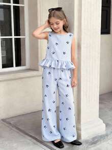 SHEIN 少女度假休闲编织蓝色蝴蝶结印花条纹吊带背心和阔腿裤套装，蓝色条纹背心两件套 - 藍色 - 查看 2