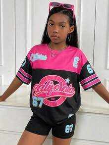 SHEIN 2件套少女“Six Seven”印花针织宽松T恤+打底裤套装，休闲时尚，百搭，适合与姐妹们一起参加派对拍照、公园漫步、露营、度假、日常休闲等场合。 - 黑色 - 查看 1