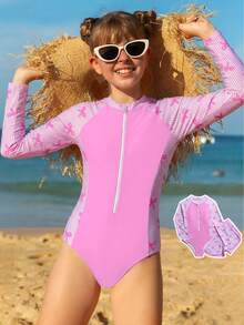 SHEIN 新款时尚少女泳装，拼接蝴蝶结条纹印花连体泳衣，带拉链，长袖短裤保守款泳装套装 - 粉色 - 查看 3