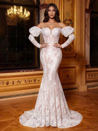 Glamrae Elegant Romantic Stretch Lace Off Shoulder Lantern Sleeve Small V-Neck Waist Mesh Sheer Fishtail Trailing Dress, Suitable For All Formal Occasions, Weddings, Bridal Gown