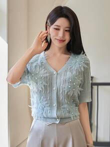 DAZY Women's Elegant 3D Flower & Pearl V-Neck Short Sleeve Cardigan, Summer - Blue - View 5