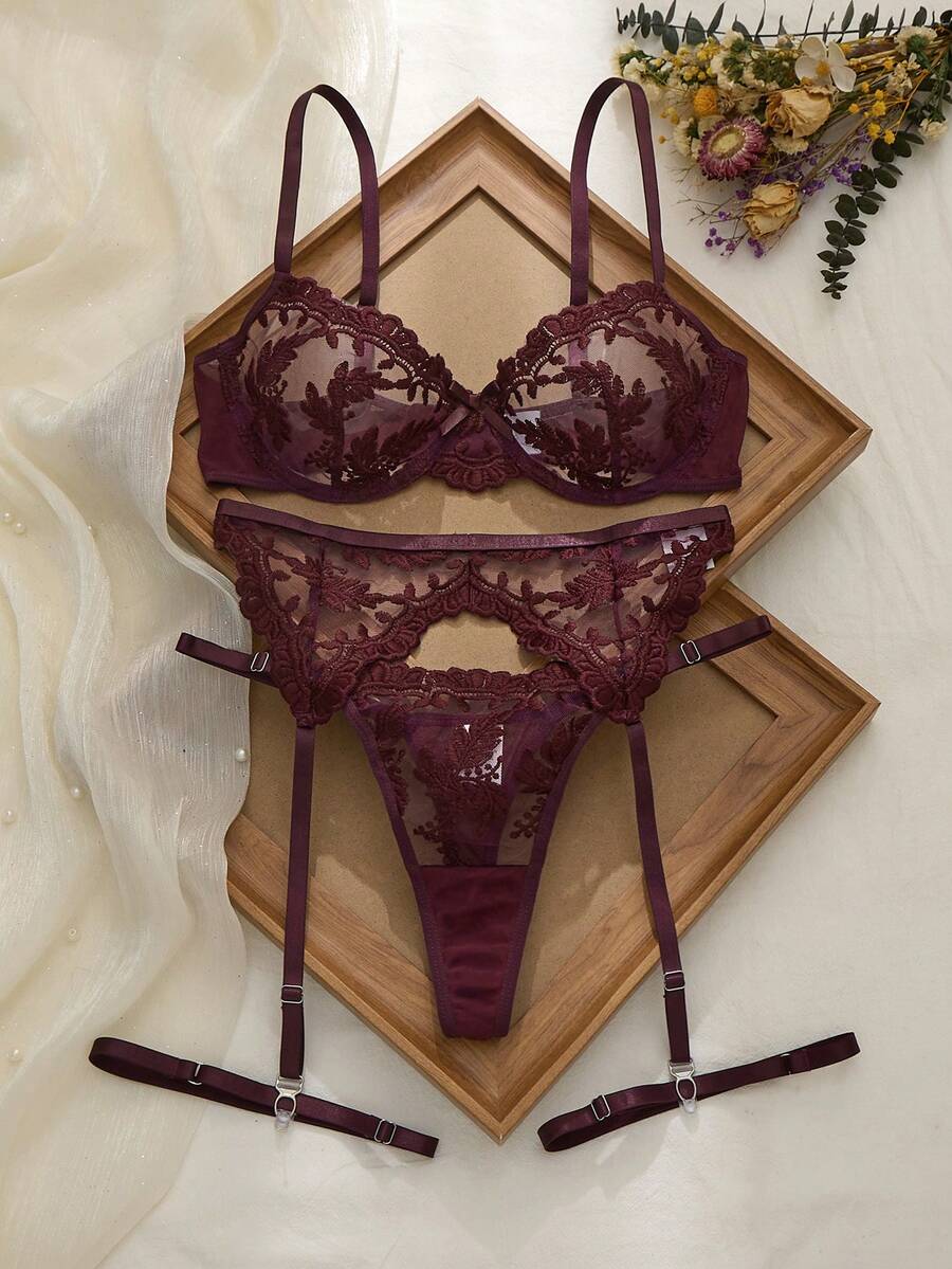 女士花卉刺绣吊带文胸、丁字裤和吊袜带身体饰品内衣套装，性感日常穿着 - 紅木色 - 查看 1