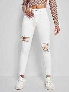 SHEIN ICON Celana Jeans Skinny Fit Kasual Serbaguna Warna Polos dengan Efek Sobek - Putih - View 3