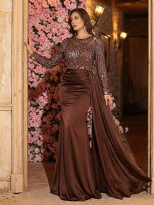 Aureia Đầm dạ hội dáng đuôi cá sang trọng, thanh lịch, màu nâu sẫm, tay dài, chất liệu vải voan mỏng, đính cườm và họa tiết ghép mảnh, cỡ lớn, có bèo nhún bên hông, thích hợp cho đám cưới, tiệc tùng, lễ kỷ niệm, dạ hội trang trọng (Thiết kế đính kết). - màu nâu - Xem 8