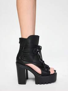 ROMWE Grunge Punk Sandalias y botines de plataforma con tacón alto, de moda, ligeros, con suela gruesa, de color negro, marrón, con calados y en estilo retro romano. Incluye botines de corte bajo y botines de dedo descubierto. - Negro - Ver 5