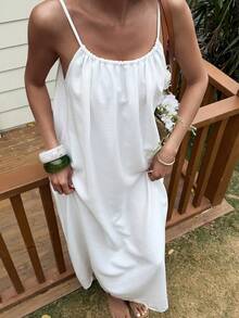 DAZY Women's Vacation Casual Solid Color Backless Spaghetti Strap Dress,Valentine Outfits For Women Sun Dresses For Women Summer - White - View 4