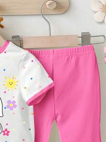 一套女婴可爱兔耳豹纹爱心印花圆领短袖T恤和针织喇叭裤套装，卡通兔子印花，春夏皆宜，夏季套装，复活节套装 - 彩色 - 查看 4