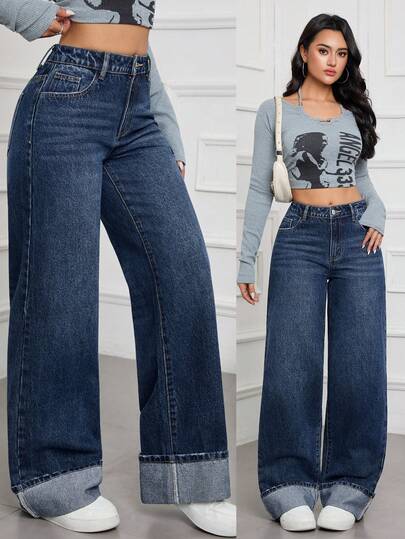 SHEIN Tall Spring To Summer Women's Casual Commuter Style With Fold-Over Cuff Design For Everyday Office Wear Solid Color Casual Denim Jeans
