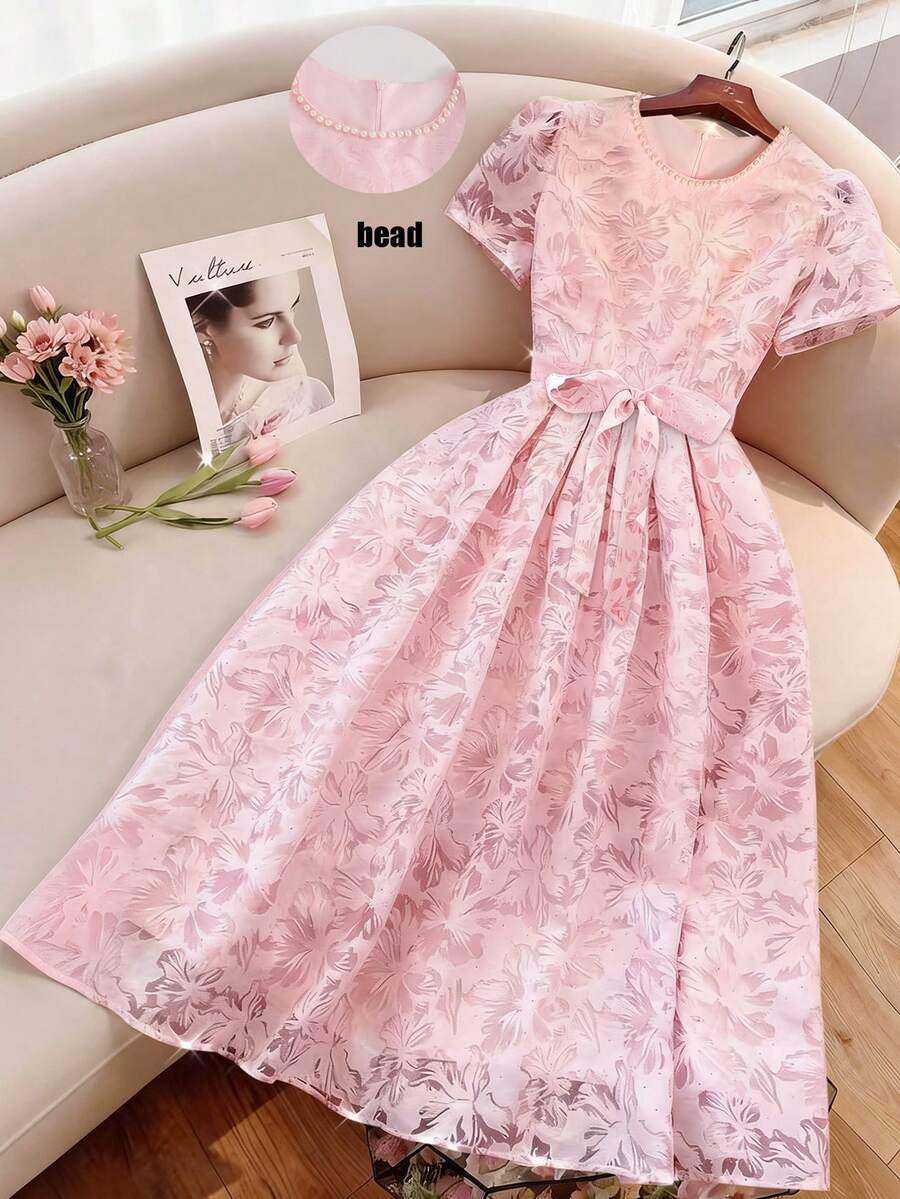 Franclia 2026 Elegant Dress, Ruched Waist Floral Jacquard Dress With Ruffled Collar, Comfortable Lining, Suitable For Commuting, Vacation, Evening Party, Spring/Summer New Arrival Pink Floral Dress Women's Pink Dress Pink Tea Party Dress Beaded Neckline Dress Pink Floral Women Dress Rose Dress - Pink - View 1