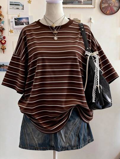 Lalippa Coffee Striped Digital Print Oversized Casual Mid-Length Round Neck Drop Shoulder Women T-Shirt, Gift For Friends