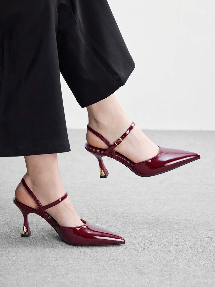 CUCCOO BIZCHIC Women Shoes Women's Pointed Thin High Heel Burgundy Mirror Back Ankle Strap Slingback Women's High Heel Shoes Stylish And Comfortable Commuters Business Versatile Women's Slingback Shoes Spring Shoes