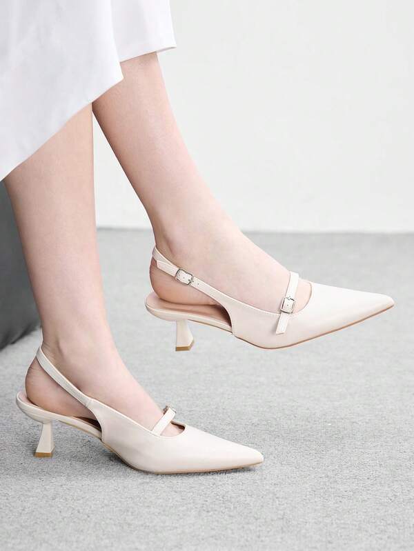CUCCOO BIZCHIC รองเท้าแตะส้นสูงแฟชั่นผู้หญิงหัวแหลมสีเบจสำหรับใส่ทำงานดีไซน์เปลือยหลังและหัวเข็มขัด