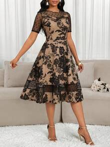 Fleurora 女士花卉波点网纱拼接圆领短袖连衣裙 - 彩色 - 查看 4