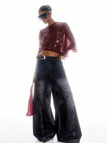 LYSMO Áo sequin bất đối xứng gợi cảm, phong cách tối giản, thời trang nữ Xuân/Hè 2026 mới về / Mùa hè / Mùa hè cho nữ / Mùa xuân cho nữ / Ngày lễ tình nhân / Valentine cho nữ / Valentine / Ngày lễ tình nhân / Sinh nhật cho nữ / Áo đi chơi - Màu đỏ tím - Xem 6