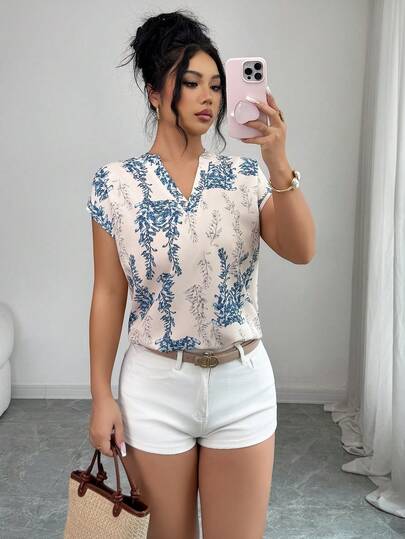 Elenzga 1 pieza Blusa suelta de mujer con estampado floral de cuello en V color albaricoque, elegante para vacaciones, adecuada para uso diario, bodas, fiestas de noche, ir al trabajo, fiestas de graduación, vacaciones, citas, fiestas, Halloween, Navidad, Año Nuevo, Acción de Gracias, bodas