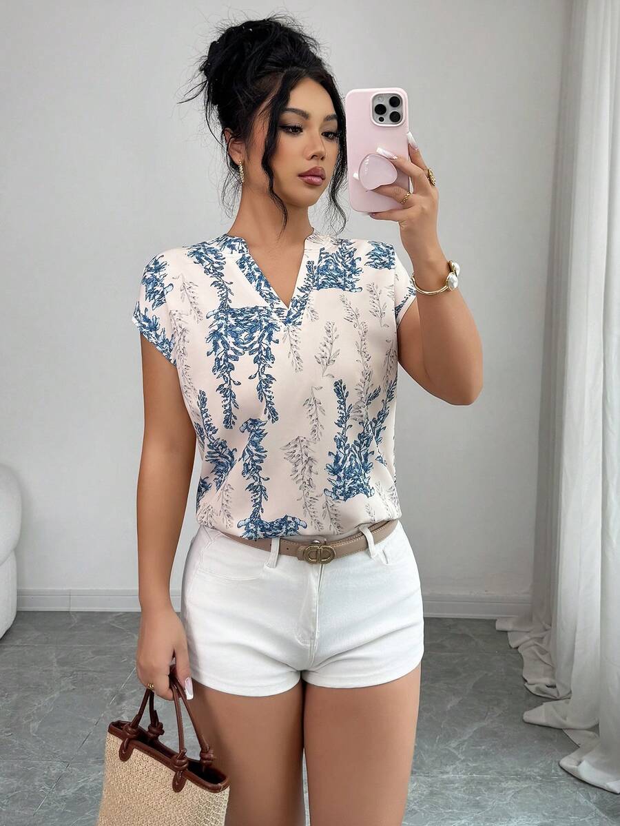 Elenzga 1件女士优雅度假新款杏色V领印花宽松无袖衬衫，适合日常穿着、婚礼、晚宴、通勤、毕业派对、节日、约会、聚会、万圣节、圣诞节、新年、感恩节、婚礼等场合。 - 杏色 - 查看 1
