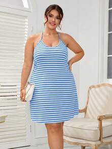 SHEIN Essnce 大码夏季休闲条纹露背吊带连衣裙 - 淺藍色 - 查看 4