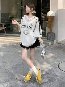 DAZY Women's V-Neck Numeric Print Contrast Lace Loose Street T-Shirt - White - View 7