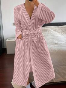 DAZY Pink Striped Loose Long Women Robe, Spring & Summer Sleepwear - Red - View 6