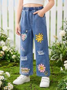 SHEIN Vintaside Kids Girls' Fashionable And Versatile Casual Cute Printed Denim Pants, Suitable For Leisure, Travel And Vacation Wear Kawaii Pants Anime Pants Cute Baggy Jeans Letter Pattern Jeans Tween Jean Pants Embroidery - Blue - View 9