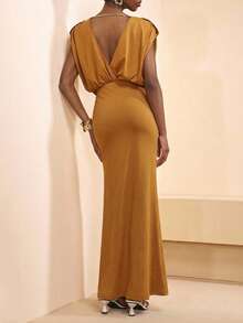 Zivah 2026 Spring New Arrival Mustard Yellow Boat Neck Sleeveless Elastic Knit Ruffle Decor Bodycon Split Fishtail Maxi Dress - Yellow - View 3