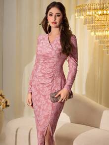 Modelyn V-Neck Pleated Cutout Knit Elegant Dress - Pink - View 7