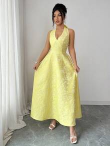 Elenzga Women's Elegant Jacquard Halter Tie Dress, Suitable For Summer Vacation - Yellow - View 5