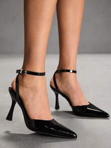 CUCCOO SZL 女士尖头细高跟黑色踝带露跟高跟鞋 简约优雅时尚性感派对宴会女士高跟鞋 女鞋 - 鏡面料黑1 - 查看 7