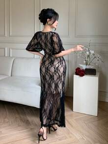 DAZY Abito in pizzo nero primaverile/estivo, elegante per San Valentino, matrimonio, festa, occasione formale, evento di moda, pendolarismo, maniche a sbuffo, vita stretta, orlo a sirena, abito midi a maniche lunghe in tulle trasparente per donna - nero - Visualizzare 5