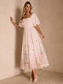 Enchnt Summer Romantic Women's White Floral Embroidery Long Dresse,Tea&Picnic Dress ,Sweet&Elegant For Vacation&Date&Holiday&Going Out,Summer Outfit Women,Pink Dress - Pink - View 6
