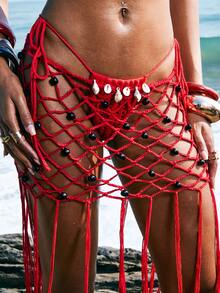 LYSMO 女士度假串珠镂空流苏下摆罩裙 - 紅色 - 查看 4