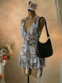 SaltGleam 春夏新款露背荷叶边下摆不对称数码印花修身休闲性感迷你连衣裙（女款） - 彩色 - 查看 5