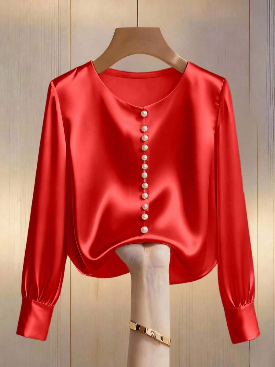 Franclia Áo kiểu nữ màu sâm panh cổ tròn tay dài đính ngọc trai, chất liệu satin, thích hợp cho công sở và mặc hàng ngày. - Đỏ - Xem 1